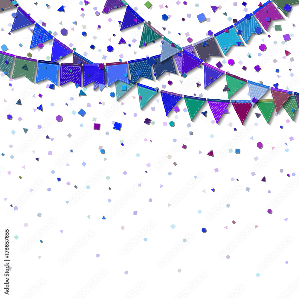 Obraz premium Bunting party flags. Elegant celebration card. Blue and purple holiday decorations and confetti. Bunting party flags vector illustration.