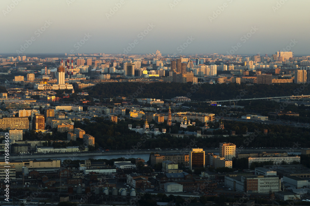Evening aerial view on Moscow with Novodevichy convent and other buildings, Russia