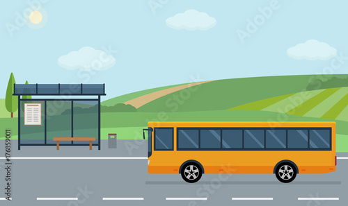 Rural landscape with road, bus stop and moving bus. Flat style vector illustration.
