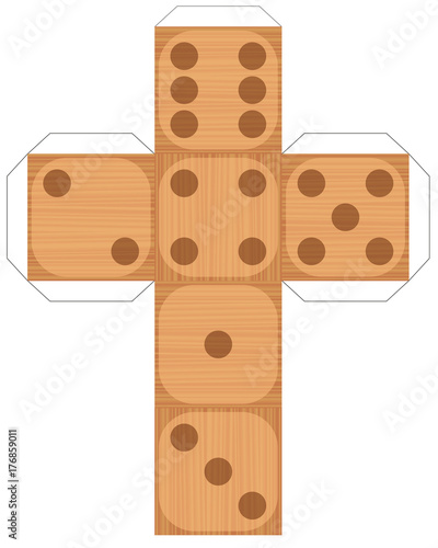 Dice template - model of a wood style cube to make a three-dimensional wooden textured handicraft work out of it. Isolated vector illustration on white background.