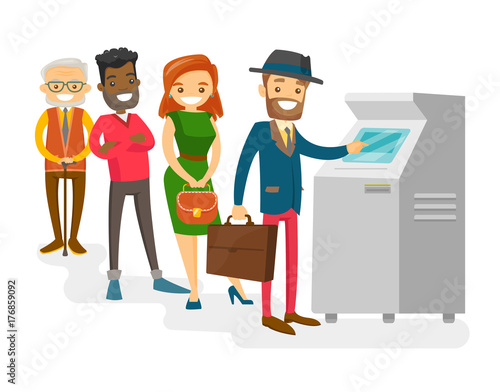 Group of Caucasian white and African-american young and senior people standing in a queue to the ATM. Multicultural happy people queuing to withdraw cash at ATM. Vector isolated cartoon illustration.
