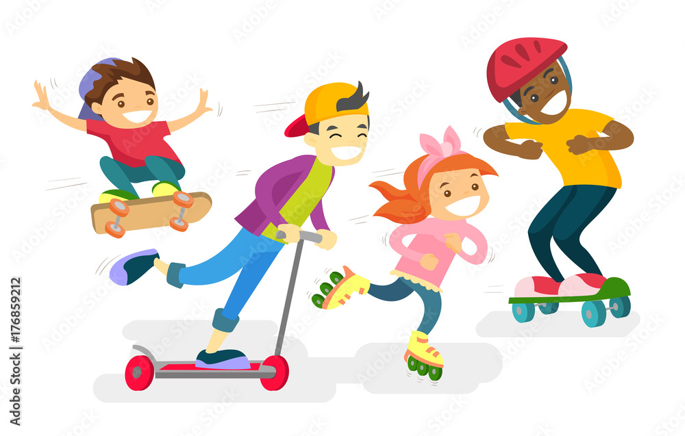 Group of happy multiethnic children playing outdoor. African-american,  caucasian white and Asian boys and girl riding a skateboard, kick scooter  and roller skates. Vector isolated cartoon illustration Stock Vector |  Adobe Stock