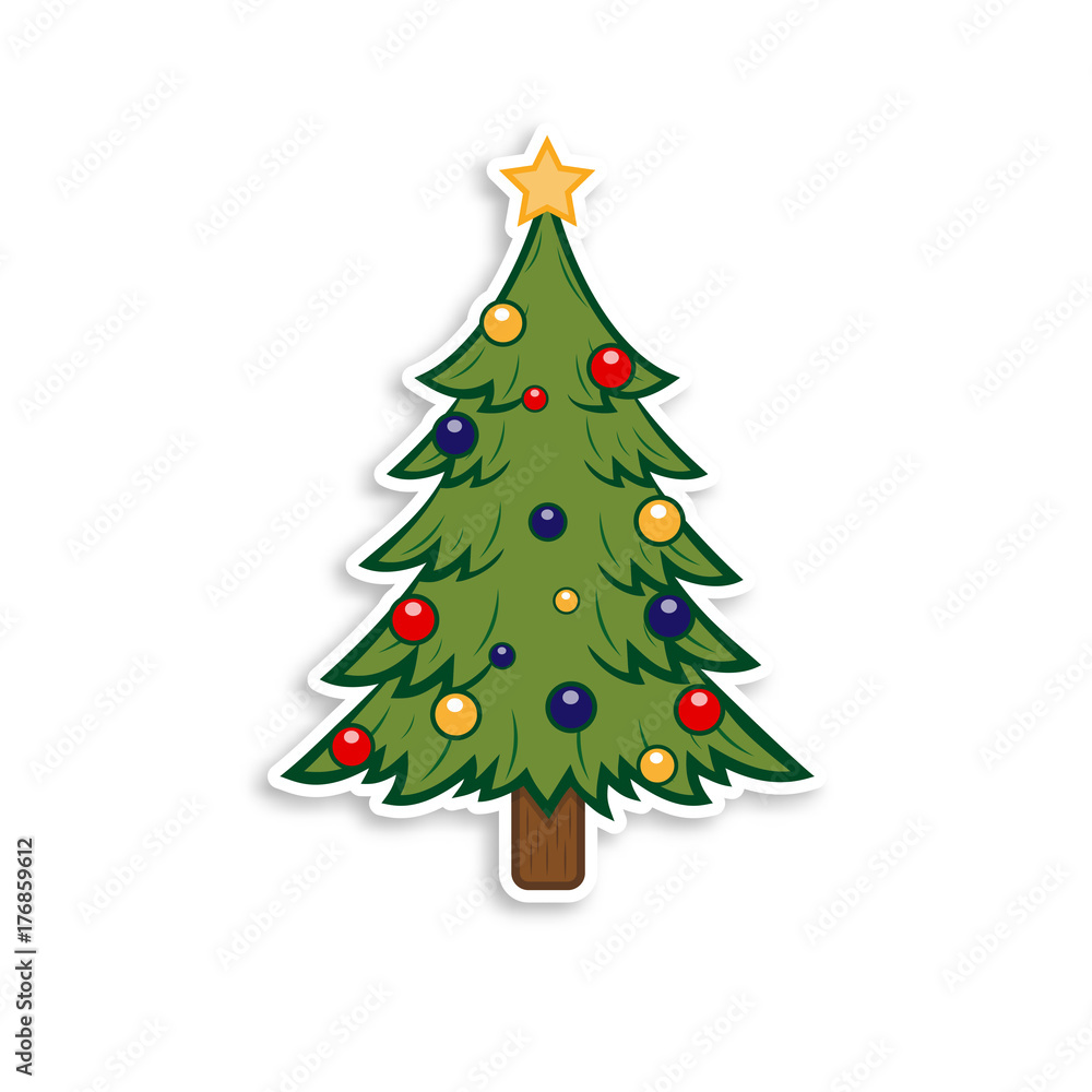 Happy New Year and Merry Christmas. Christmas tree on the white background. Holiday sticker.