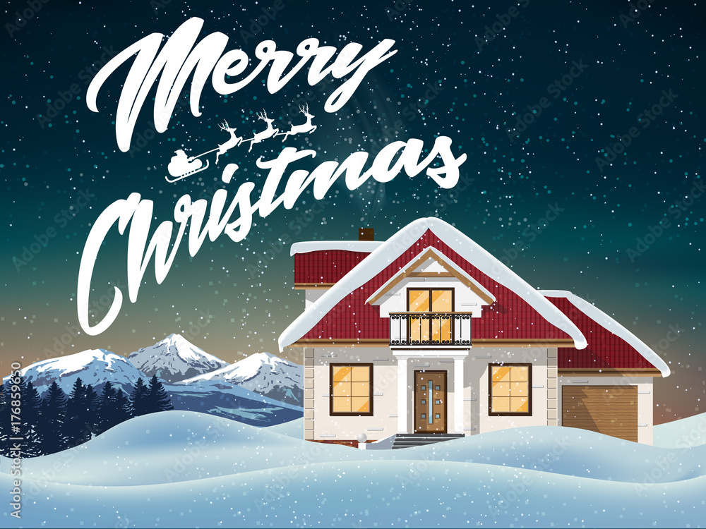 Naklejka premium Happy New Year and Merry Christmas. Christmas greeting card with congratulation on the background of house in the snow, forest and mountains. Vector illustration.