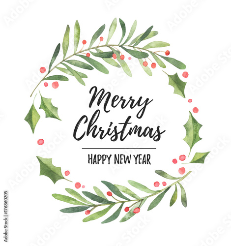 Watercolor illustration. Christmas laurel wreath. Perfect for invitations, greeting cards, blogs, posters and more. Merry christmas and happy new year