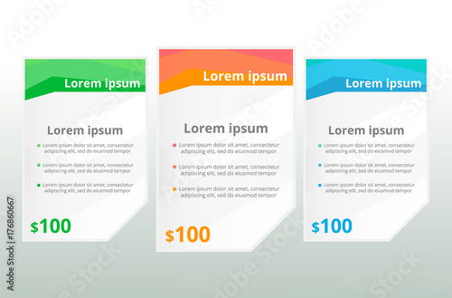 three tariffs UX. Interface for the site. Vector banner for web app. Pricing table, banner, order, box, button, list and bullet with plan for website. © Beast-Art-St