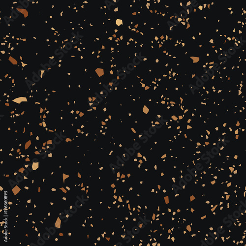 Terrazzo, seamless pattern, marble surface, black and gold background, vector illustration
