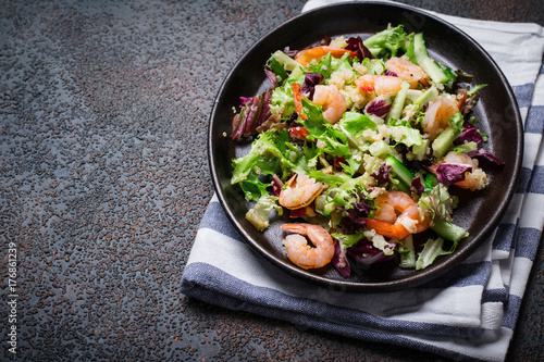Fresh quinoa vegetables salad with shrimp. Clean healthy detox eating.