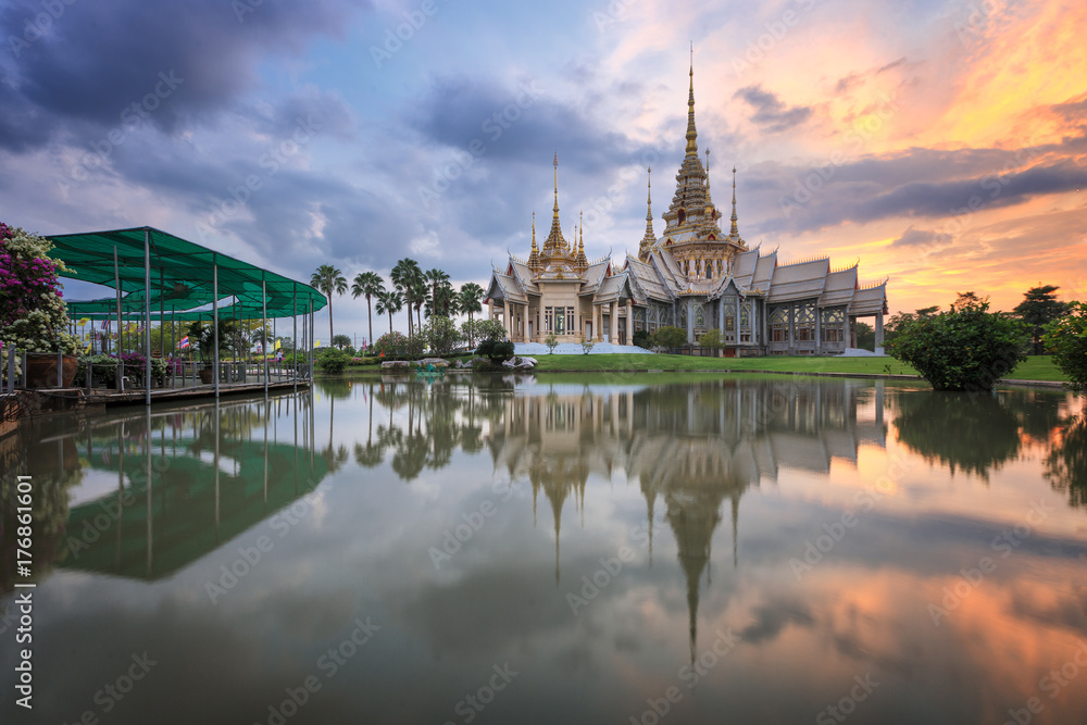 landscape of temple landmark in Thailand and reflection on water