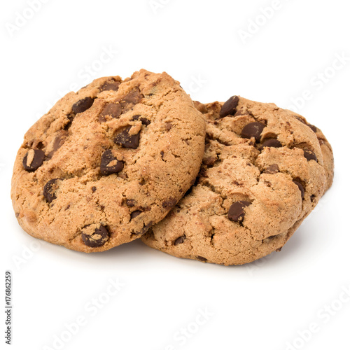 Three Chocolate chip cookies isolated on white background. Sweet biscuits. Homemade pastry.
