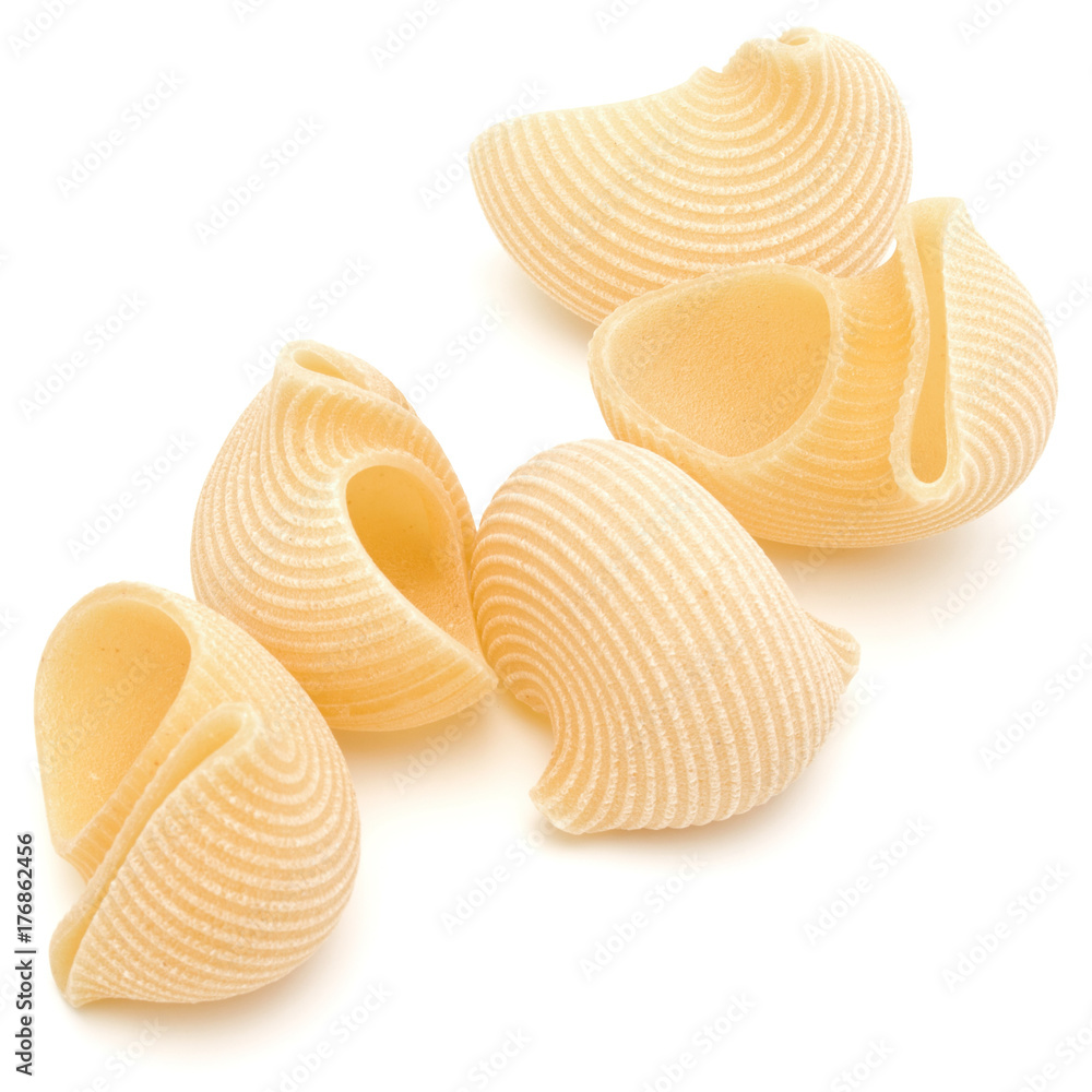 Italian lumaconi isolated on white background. Lumache, snailshell shaped pasta. Italian lumaconi isolated on white background. Lumache, snailshell shaped pasta.
