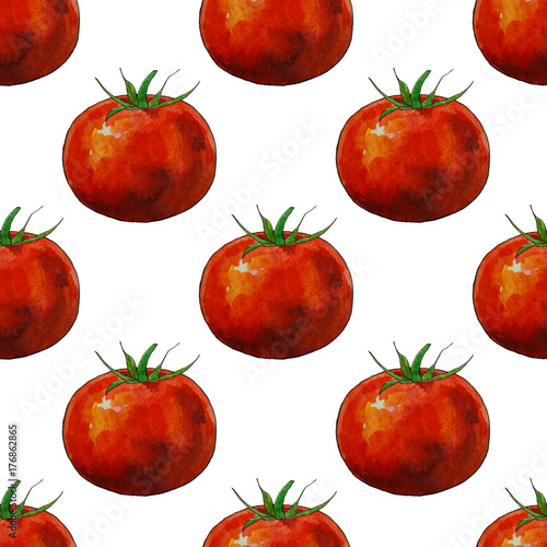 Seamless pattern with watercolor hand drawn tomato on white background