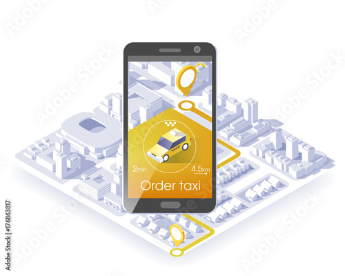 Taxi service mobile application. Isometric city and car on smart phone. Navigate application. Vector illustration.