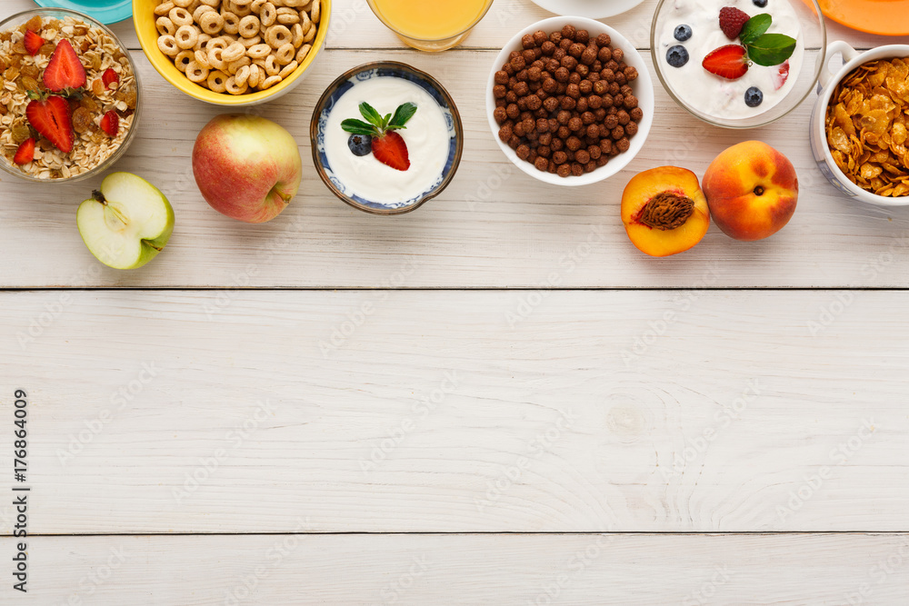 Healthy breakfast meals on wooden table copy space Healthy breakfast meals on wooden table copy space