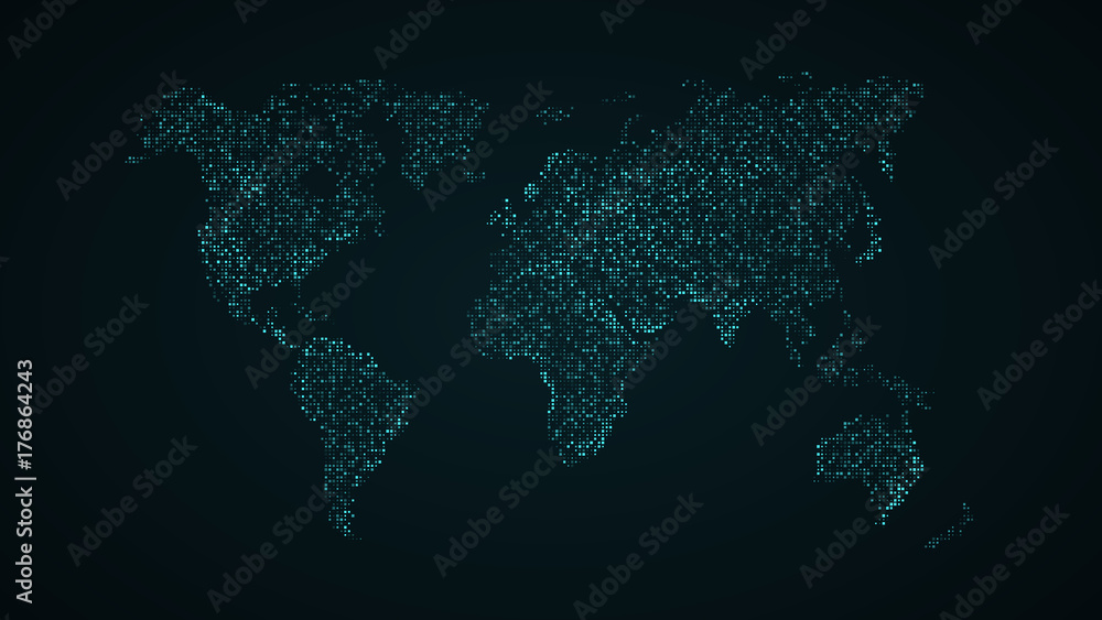 Abstract world map. Blue map of the earth from the square points. Dark background. Blue glow. High tech. Sci-fi technology. Global network. Vector