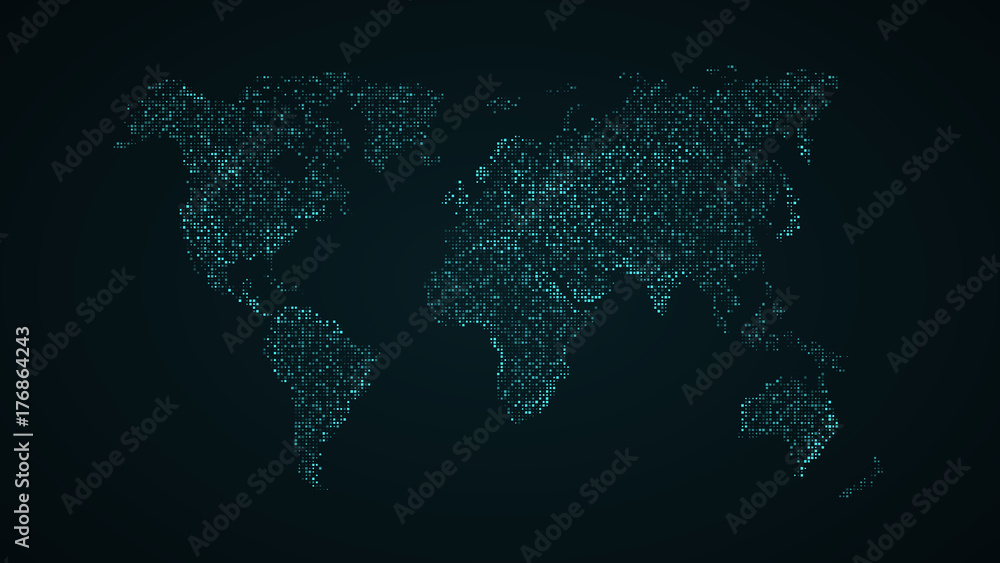 Fototapeta premium Abstract world map. Blue map of the earth from the square points. Dark background. Blue glow. High tech. Sci-fi technology. Global network. Vector