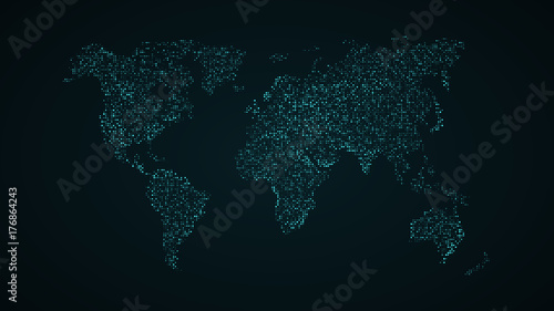 Fototapeta Naklejka Na Ścianę i Meble -  Abstract world map. Blue map of the earth from the square points. Dark background. Blue glow. High tech. Sci-fi technology. Global network. Vector