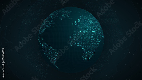 Abstract planet earth. Blue map of the earth from the square points. Dark background. Blue glow. High tech. World map. Global network connection, international meaning. Vector