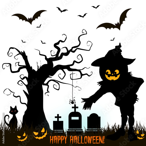 Holiday Halloween, Silhouette of a pumpkin in the cemetery (scary tree), on a white background.
