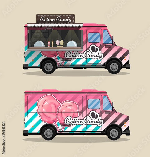 Cotton Candy, a kiosk on wheels, retail, candy and confectionery, illustrated and flat style vector illustration. Dried Cloud Dessert Illustration for your projects