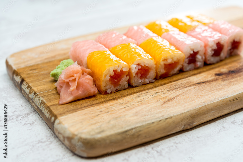 Japanese food Sushi Roll Maki of Salmon and avocado Japanese food Sushi Roll Maki of Salmon and avocado
