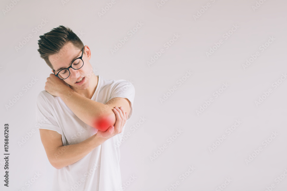 man suffering from chronic joint rheumatism. Elbow pain and treatment concept isolated on White Background man suffering from chronic joint rheumatism. Elbow pain and treatment concept isolated on White Background