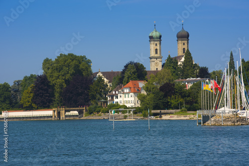 View of lake shore and castle church in Friedrichshafen at Lake Constance - Friedrichshafen, Lake Constance, Baden-Wuerttemberg, Germany, Europe