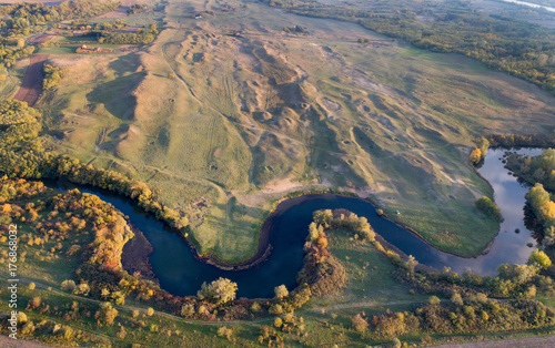 Top view of river and nature in autumn