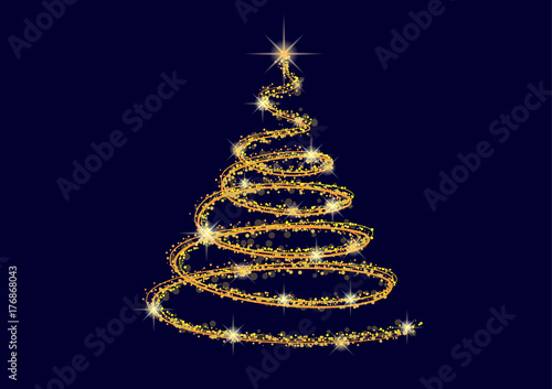 Abstract neon sparkling golden Christmas tree with glittering stars on a dark blue background.