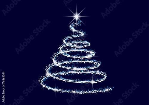 Abstract neon sparkling white Christmas tree with glittering stars on a dark blue background.