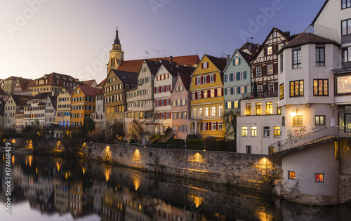Reflection of old houses in a river during sunset, Germany