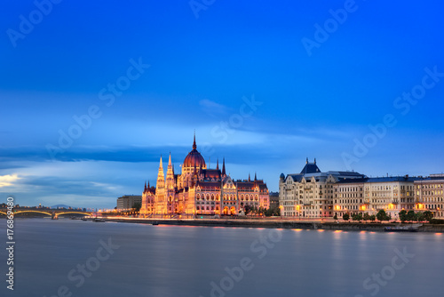 Budapest Parliament and Danube River Embankment in the Evening  Budapest  Hungary