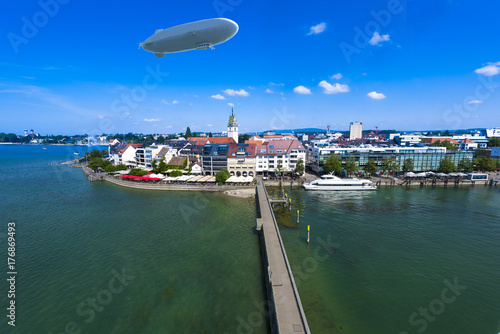 View from the mole tower over Friedrichshafen at Lake Constance with Zeppelin - Friedrichshafen, Lake Constance, Baden-Wuerttemberg, Germany, Europe