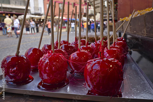 Apples covered with caramel.