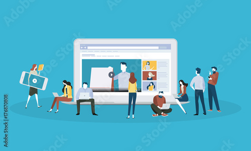 Flat design style web banner for online education, video tutorials, online training and courses. Vector illustration concept for web design, marketing, and print material.