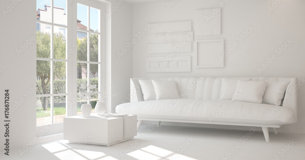 Fototapeta premium Idea of white room with sofa and summer landscape in window. Scandinavian interior design. 3D illustration