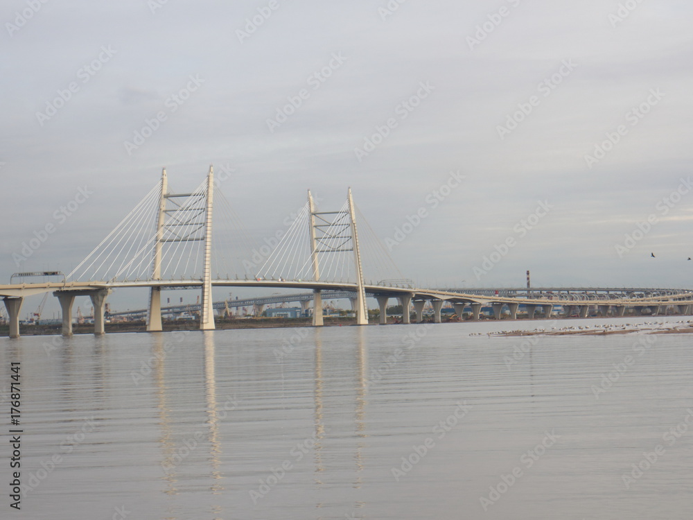 Obraz premium Cable-stayed bridge over the big river in the evening