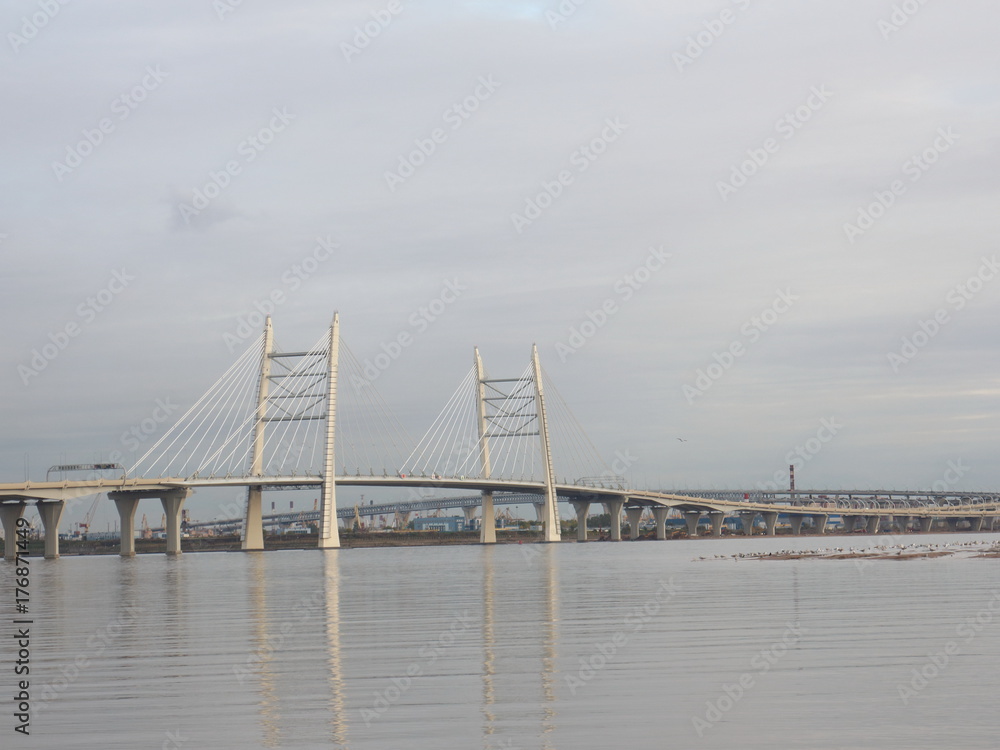 Obraz premium Cable-stayed bridge over the big river in the evening