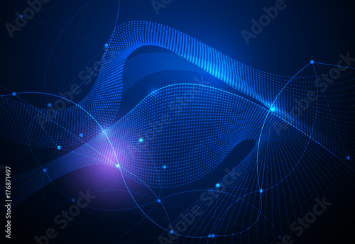 Illustration Abstract Molecules and 3D Mesh with light effect, wave lines, wavy pattern. Vector design communication technology on blue background. Futuristic- digital technology concept