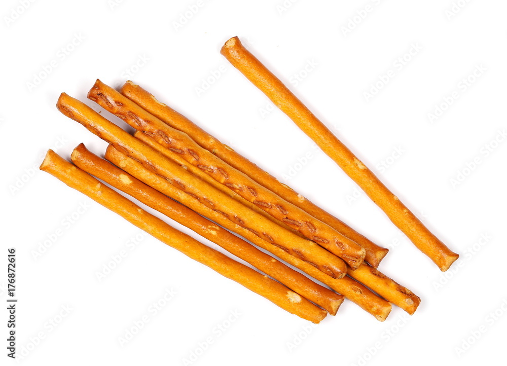 Salty cracker pretzel sticks isolated on white background, top view Salty cracker pretzel sticks isolated on white background, top view