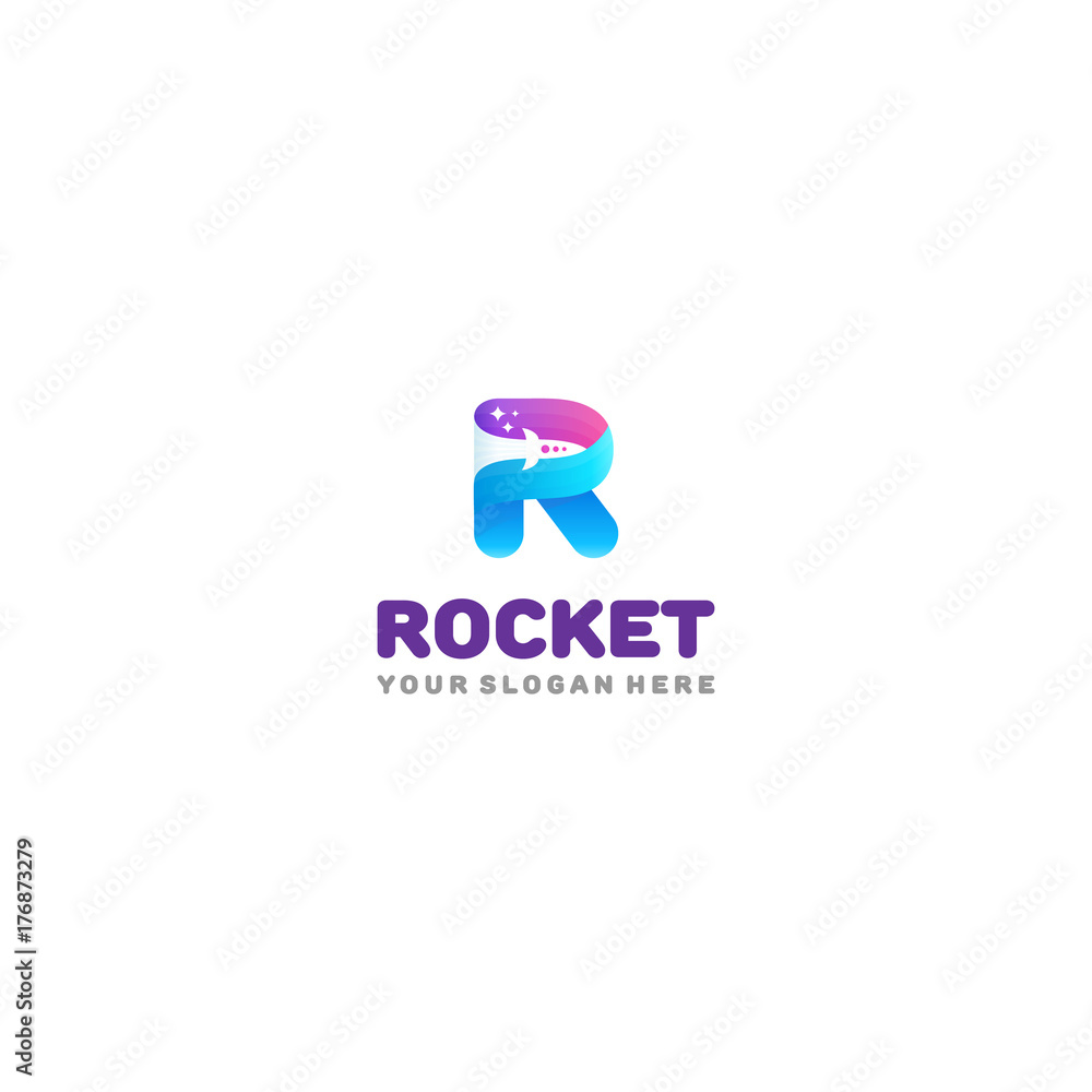 Rocket logo. Colorful R letter with rocket and stars in the negative space. Rocket logo. Colorful R letter with rocket and stars in the negative space.