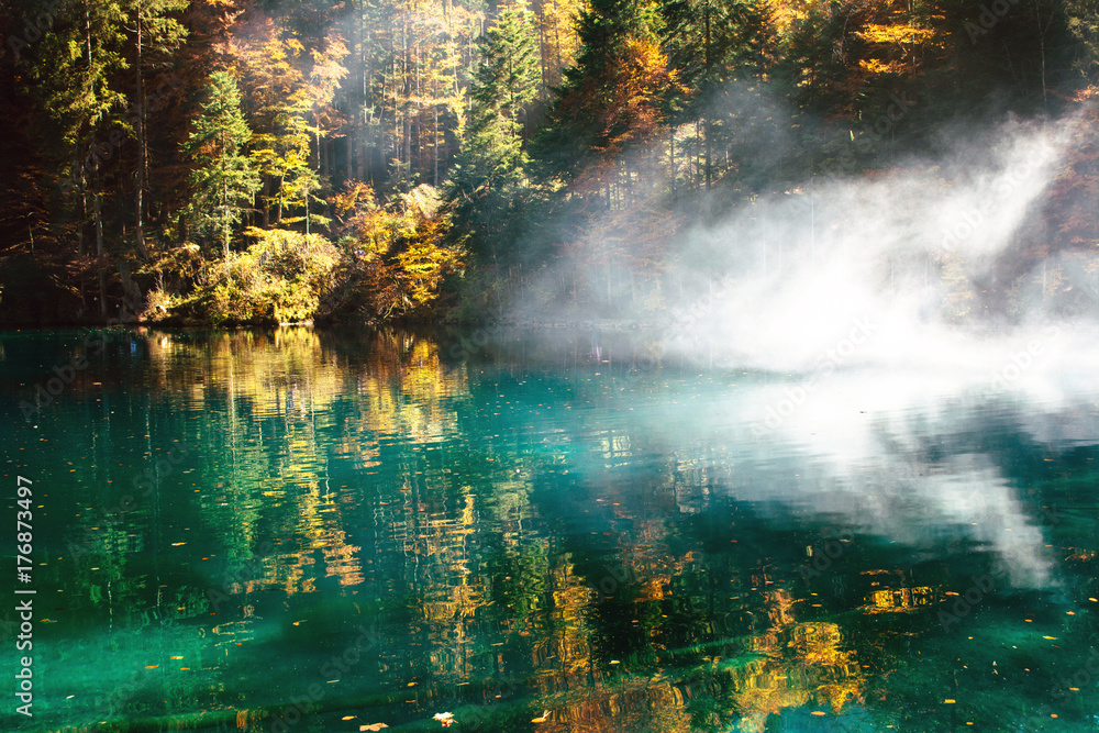 Fototapeta premium Autumn time at forest lake blausee.