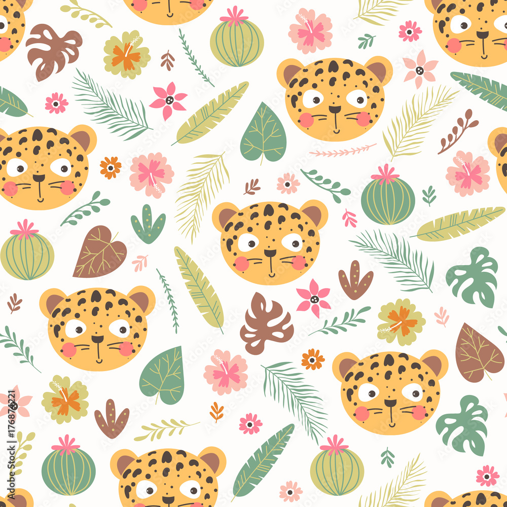 Seamless pattern with cute leopard
