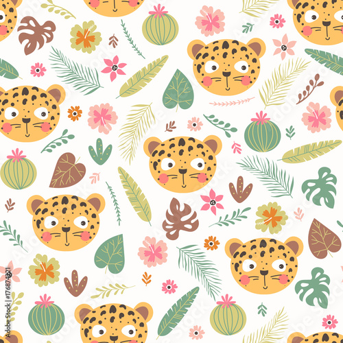 Seamless pattern with cute leopard