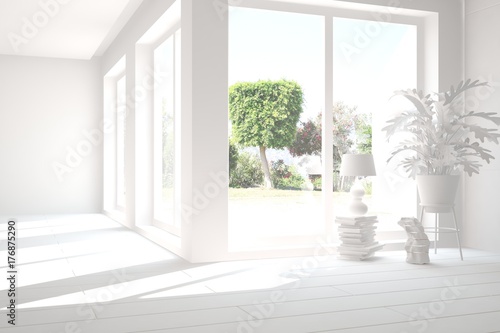 White empty room with summer landscape in window. Scandinavian interior design. 3D illustration