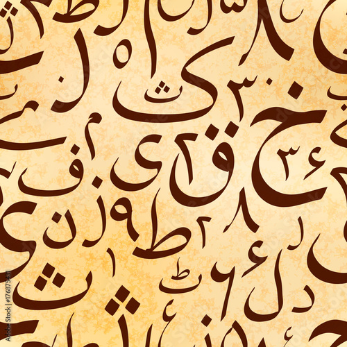 Calligraphy Urdu alphabet letters on old ancient scroll, seamless pattern