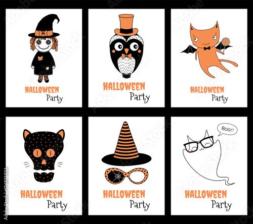 Set of hand drawn templates for Halloween greeting cards, invitations, posters, in orange, black and white, with cute cartoon characters and text.