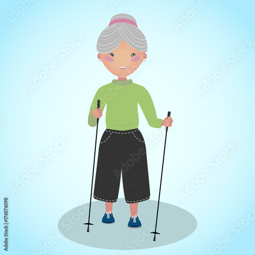 Senior woman doing nordic walking with sticks. The Scandinavian Walk. Sport for all ages. Anime style illustration. Old lady loves outdoors sports and fitness activity.