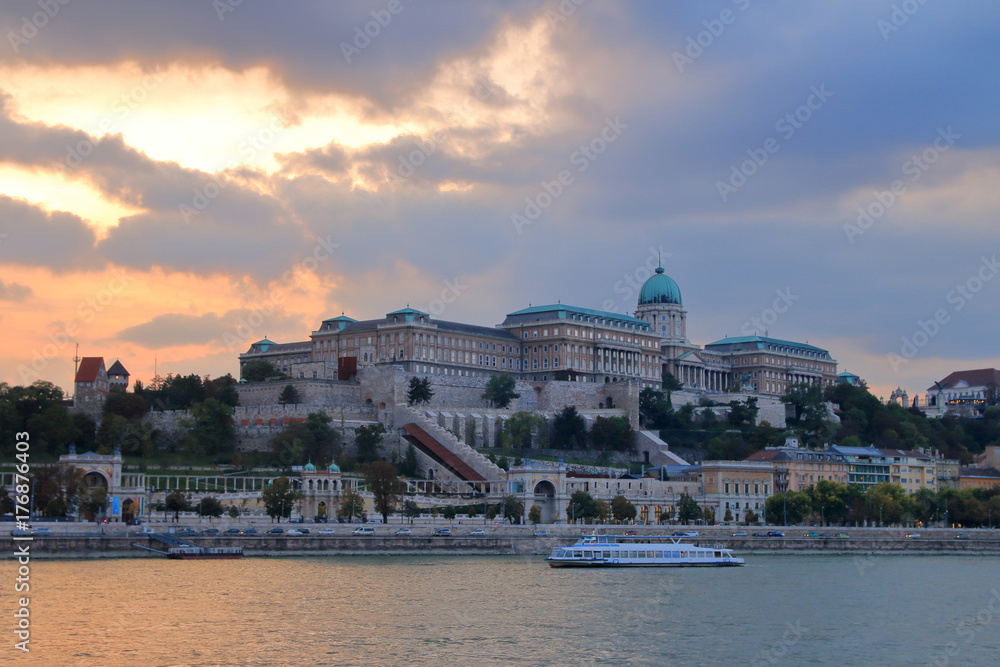 Buda Castle at sunset, on a cloudy day.