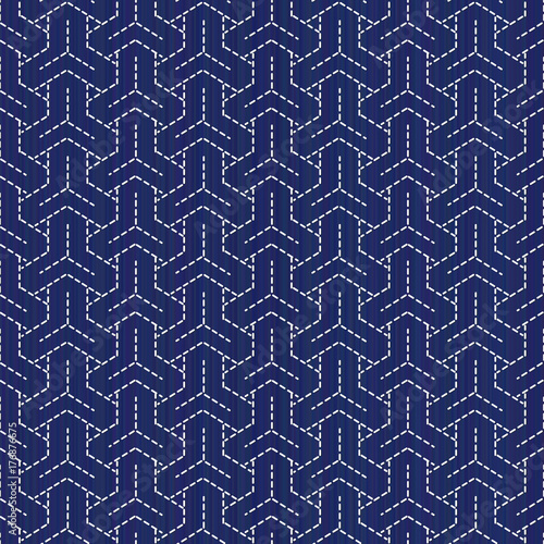 Classic japanese quilling. Bishamon-Kikko Sashiko motif. Seamless pattern. Abstract backdrop. Geometric background. Needlework texture. Pattern fills. For decoration or printing on fabric.